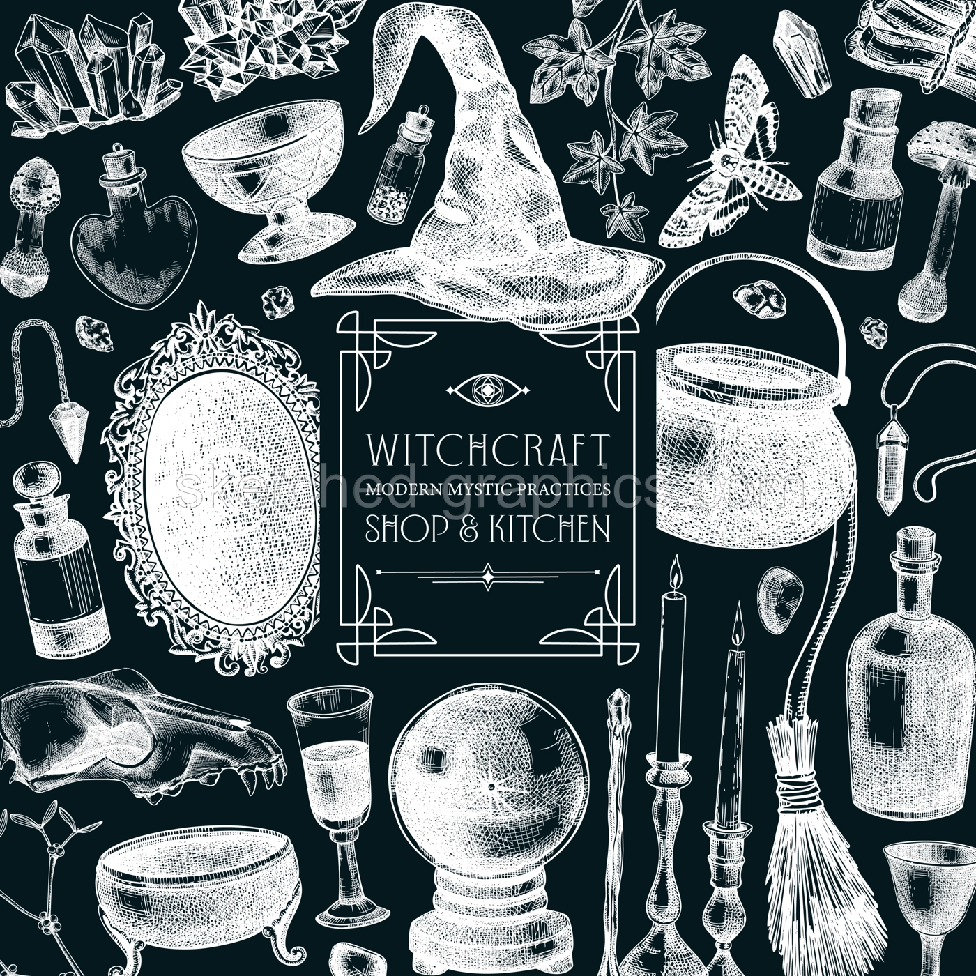 Witch party invitation design. Bohemian style witchcraft background. Vinatge Halloween sketches. Hand-drawn vector illustration on chalkboard. NOT AI generated Illustration